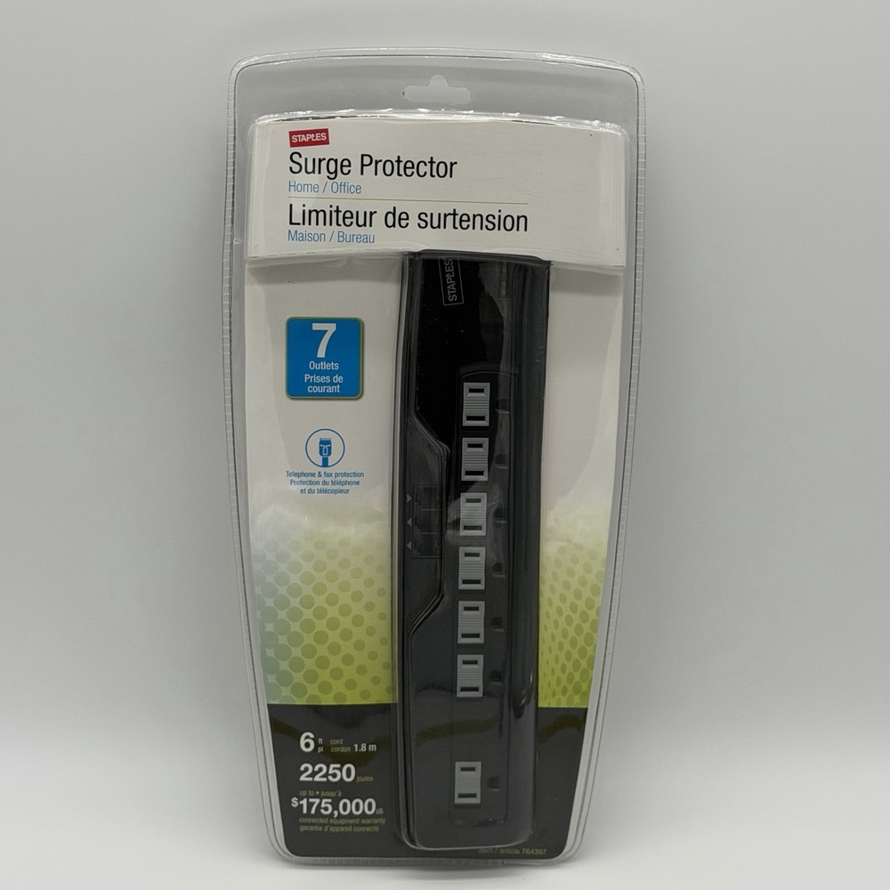 Staples 764397 7 Outlet Surge Protector 2250 Joules 6ft Cord Black New